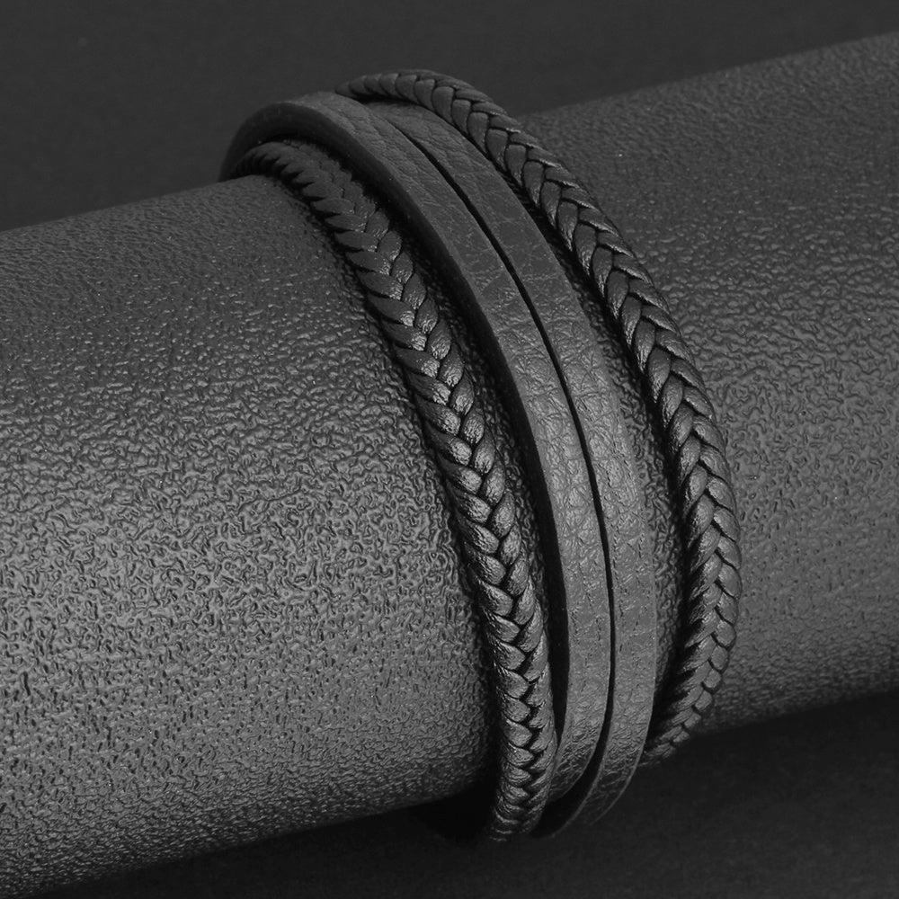 Bracelets & Bangles Men Stainless Steel Leather Bracelets Braided Rope Magnetic Clasp Male Bangles Jewelry New - Aureate Aura