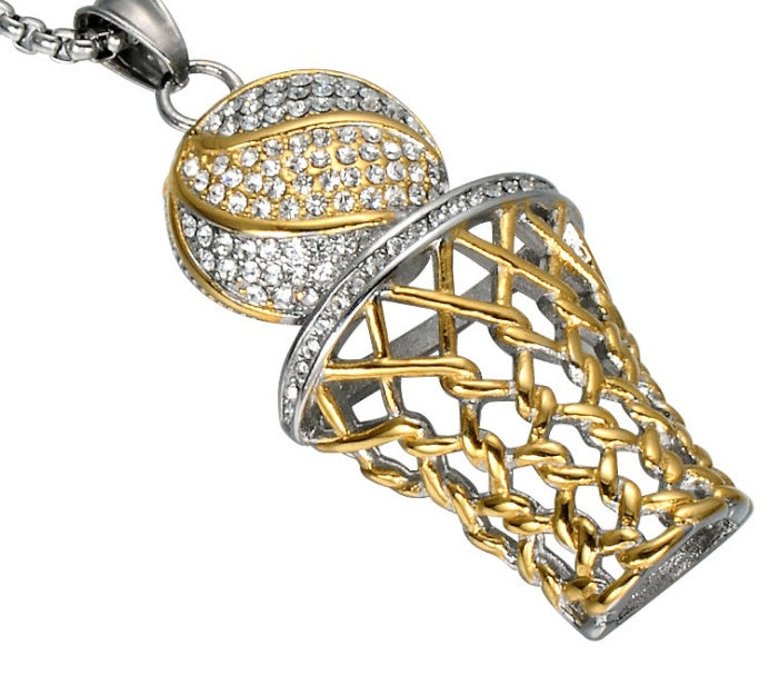 HIP Hop Bling Iced Out Gold Full Rhinestone Basketball Pendants Necklaces 316L Stainless Steel Sports Necklace for Men Jewelry - Aureate Aura