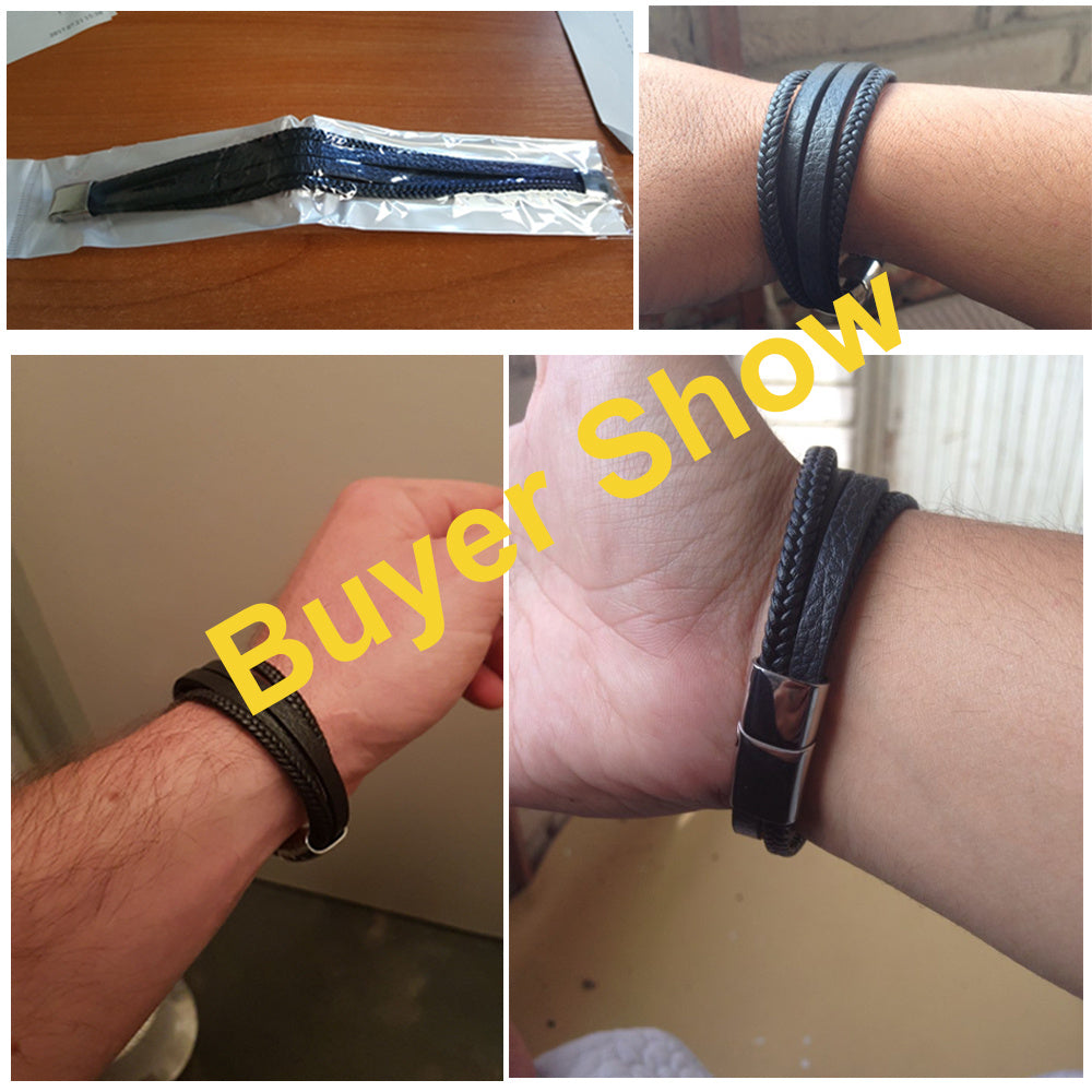 Bracelets & Bangles Men Stainless Steel Leather Bracelets Braided Rope Magnetic Clasp Male Bangles Jewelry New - Aureate Aura