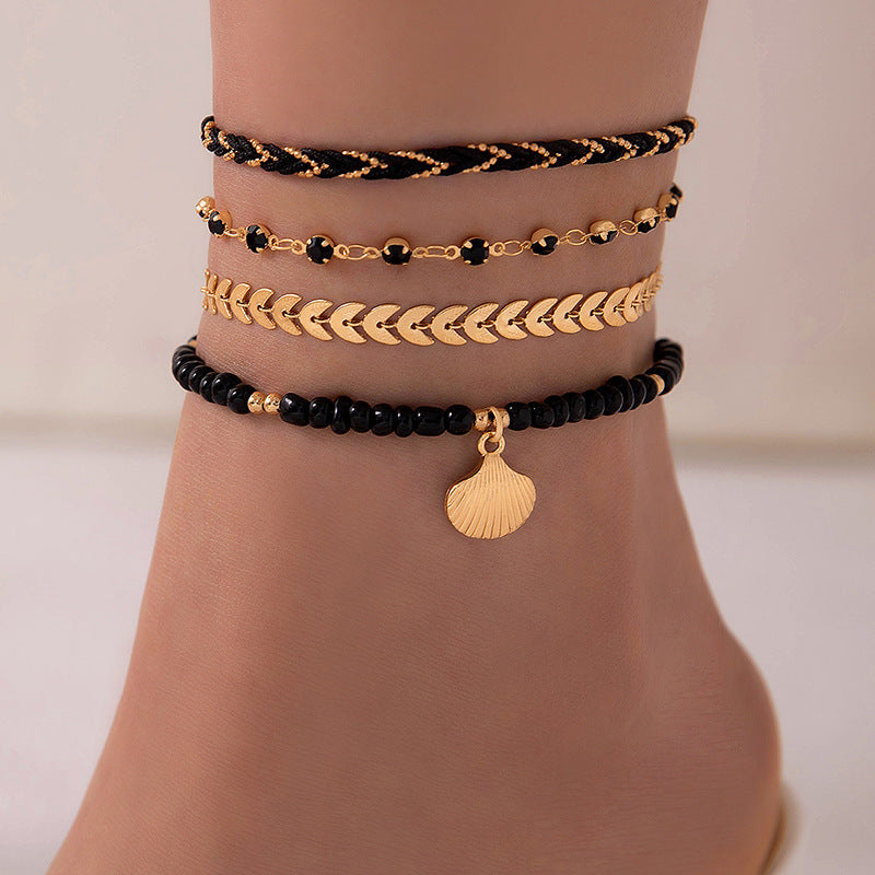 Rice Bead String Woven Rope Shell Four Layer Ankle Chain Summer Fashion Jewelry - Aureate Aura
