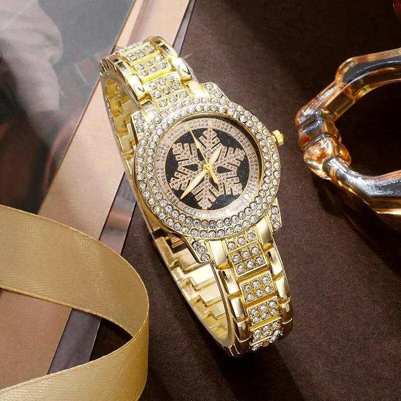 Snowflake Pattern Watch Luxury Full Rhinestone Jewelry Five-piece Set - Aureate Aura