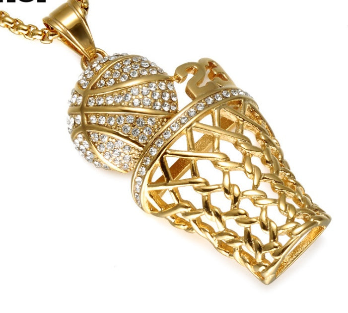 HIP Hop Bling Iced Out Gold Full Rhinestone Basketball Pendants Necklaces 316L Stainless Steel Sports Necklace for Men Jewelry - Aureate Aura