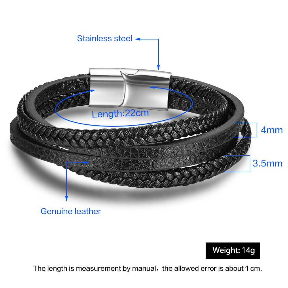 Bracelets & Bangles Men Stainless Steel Leather Bracelets Braided Rope Magnetic Clasp Male Bangles Jewelry New - Aureate Aura