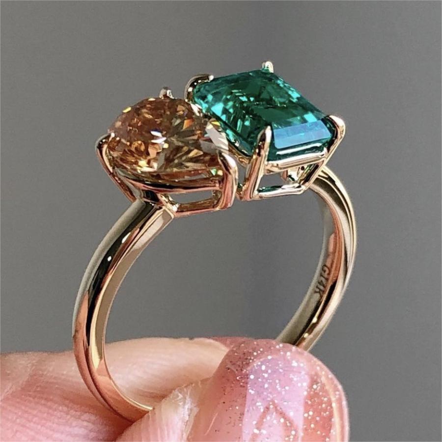 Fashion Jewelry Creative Double Main Stone Lady Green Yellow Zircon Square Stone Ring Female Luxury Crystal Engagement Ring Classic Gold Color Wedding Rings For Women Minimalist Bands - Aureate Aura