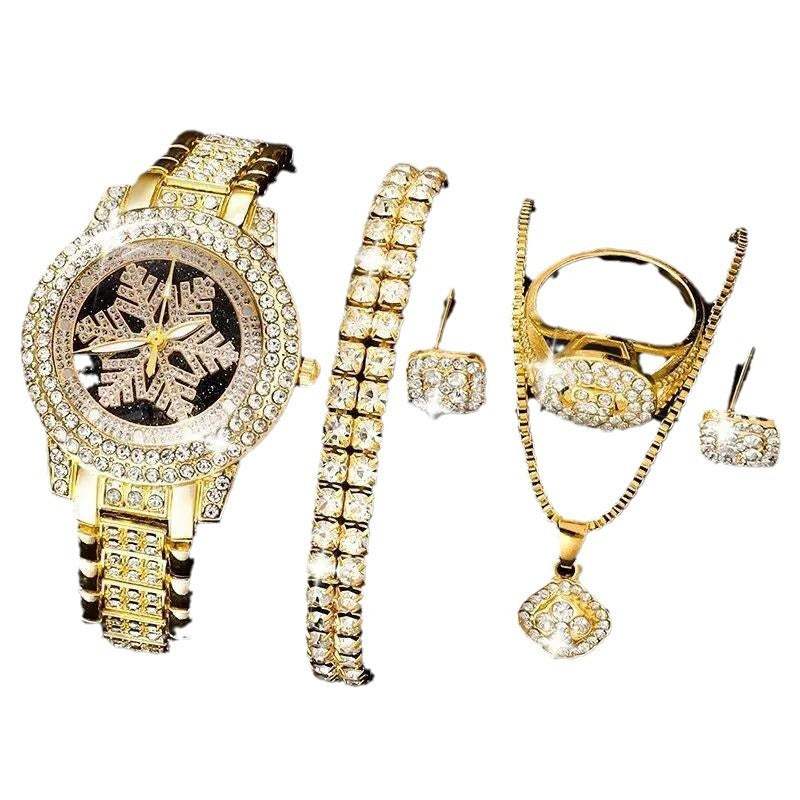 Snowflake Pattern Watch Luxury Full Rhinestone Jewelry Five-piece Set - Aureate Aura
