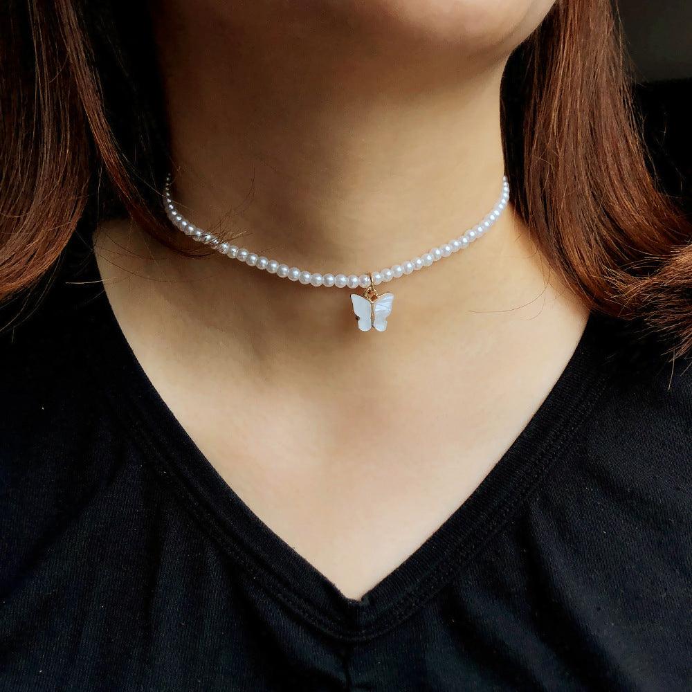Elegant White Pearl Choker Necklace Small Round Pearl Wedding Butterfly Necklace For Women Charm Fashion Jewelry - Aureate Aura