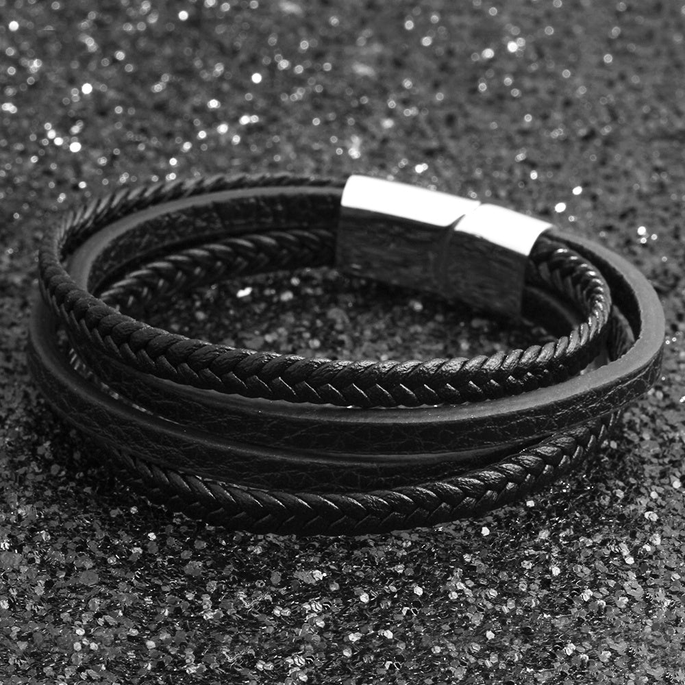 Bracelets & Bangles Men Stainless Steel Leather Bracelets Braided Rope Magnetic Clasp Male Bangles Jewelry New - Aureate Aura