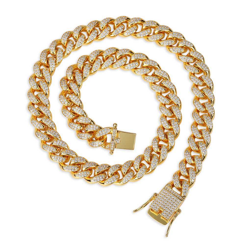 Hip Hop Jewelry 12mm Full Diamond Cuban Chain Real Gold Plating - Aureate Aura