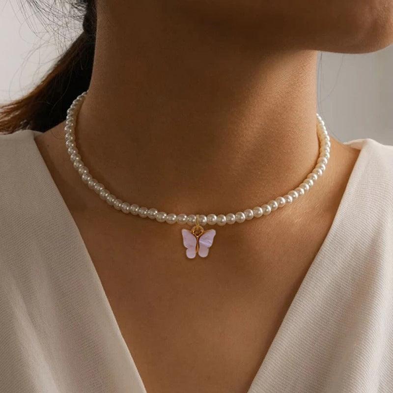 Elegant White Pearl Choker Necklace Small Round Pearl Wedding Butterfly Necklace For Women Charm Fashion Jewelry - Aureate Aura