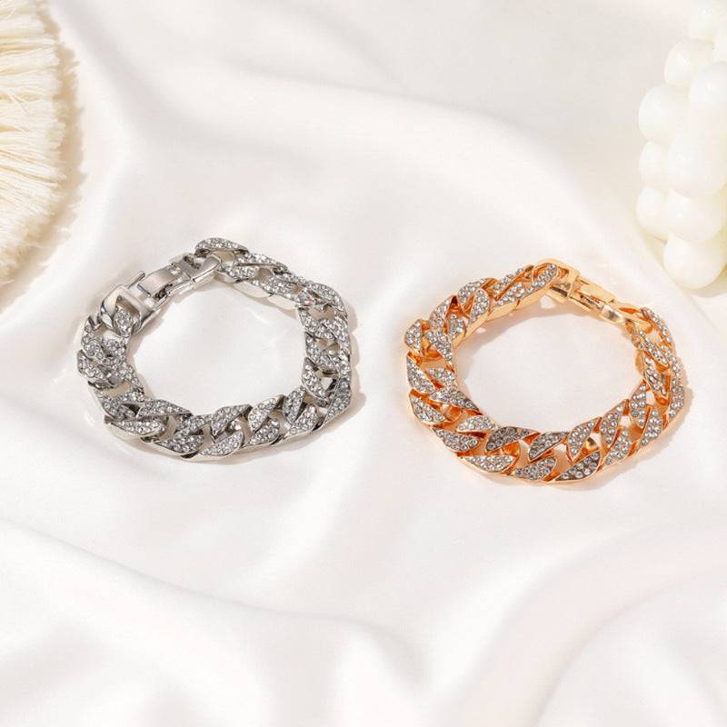 Cuban Thick Link Chain Bracelet Punk Luxury Crystal Bracelets for Women Men Jewelry Gold Color Rhinestone Bangles Bling New - Aureate Aura