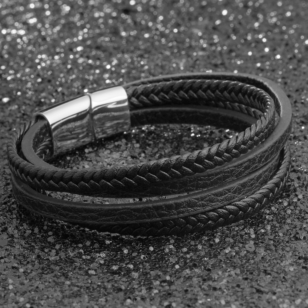 Bracelets & Bangles Men Stainless Steel Leather Bracelets Braided Rope Magnetic Clasp Male Bangles Jewelry New - Aureate Aura