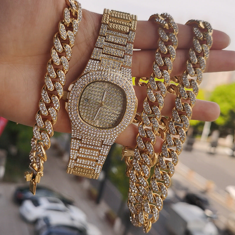 Cuban Chain Necklace Bracelet Watch Set - Aureate Aura