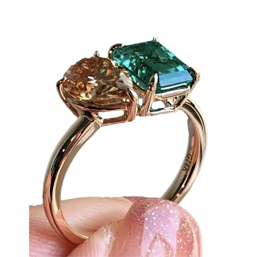 Fashion Jewelry Creative Double Main Stone Lady Green Yellow Zircon Square Stone Ring Female Luxury Crystal Engagement Ring Classic Gold Color Wedding Rings For Women Minimalist Bands - Aureate Aura