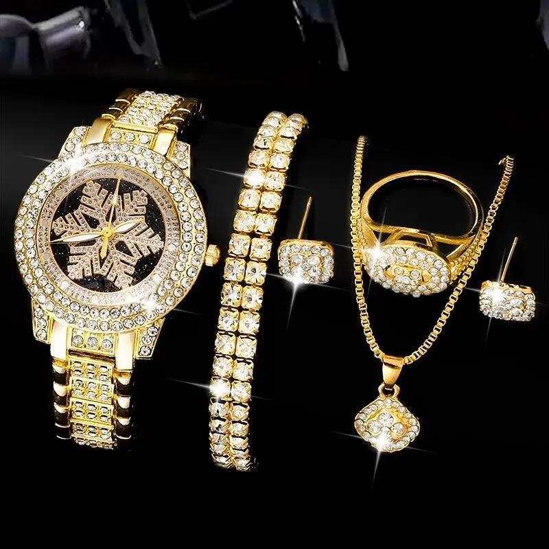 Snowflake Pattern Watch Luxury Full Rhinestone Jewelry Five-piece Set - Aureate Aura