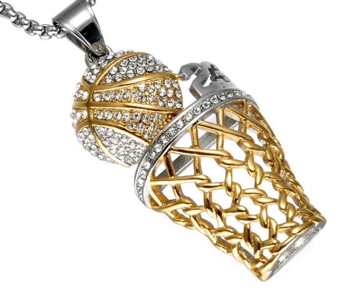 HIP Hop Bling Iced Out Gold Full Rhinestone Basketball Pendants Necklaces 316L Stainless Steel Sports Necklace for Men Jewelry - Aureate Aura