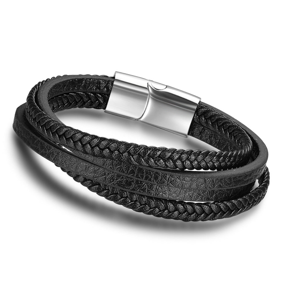 Bracelets & Bangles Men Stainless Steel Leather Bracelets Braided Rope Magnetic Clasp Male Bangles Jewelry New - Aureate Aura