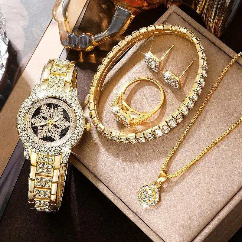 Snowflake Pattern Watch Luxury Full Rhinestone Jewelry Five-piece Set - Aureate Aura