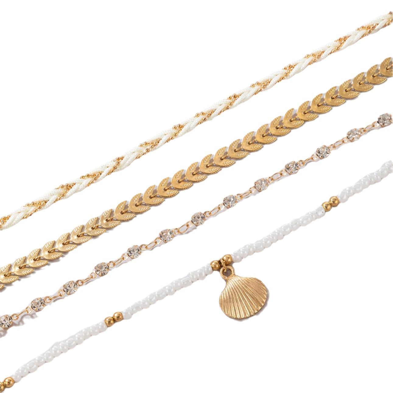Rice Bead String Woven Rope Shell Four Layer Ankle Chain Summer Fashion Jewelry - Aureate Aura
