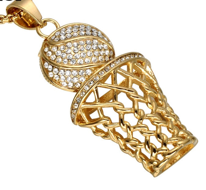 HIP Hop Bling Iced Out Gold Full Rhinestone Basketball Pendants Necklaces 316L Stainless Steel Sports Necklace for Men Jewelry - Aureate Aura