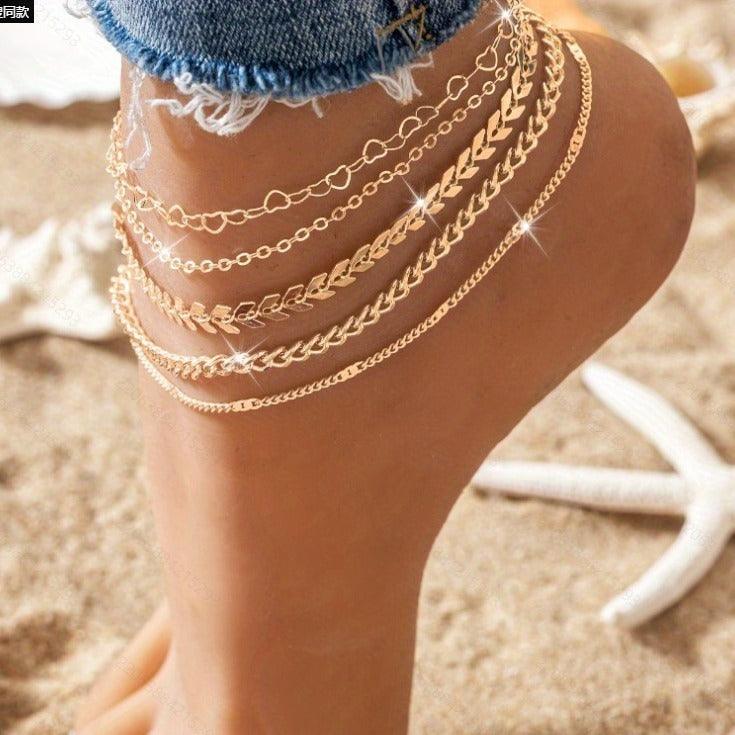 5Pcs Bohemian Airplane Chain Ankle Chain Fashion Design Heart-shaped Chain Anklets Women's Summer Beach On Foot Chain Jewelry - Aureate Aura