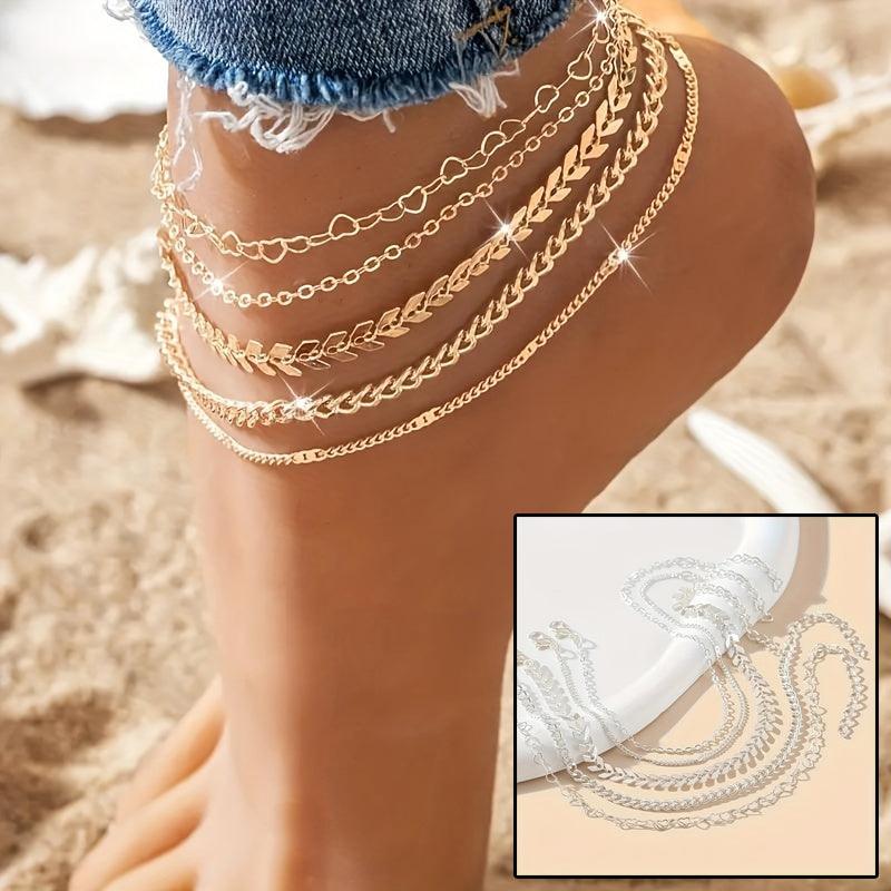 5Pcs Bohemian Airplane Chain Ankle Chain Fashion Design Heart-shaped Chain Anklets Women's Summer Beach On Foot Chain Jewelry - Aureate Aura