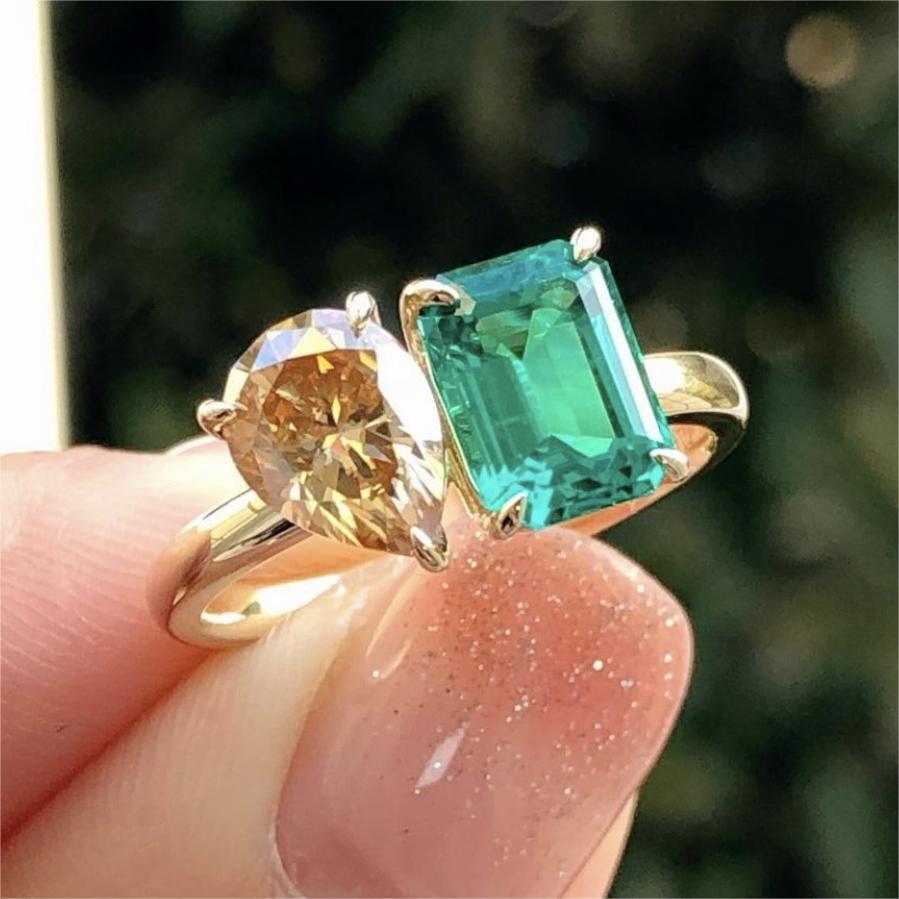 Fashion Jewelry Creative Double Main Stone Lady Green Yellow Zircon Square Stone Ring Female Luxury Crystal Engagement Ring Classic Gold Color Wedding Rings For Women Minimalist Bands - Aureate Aura