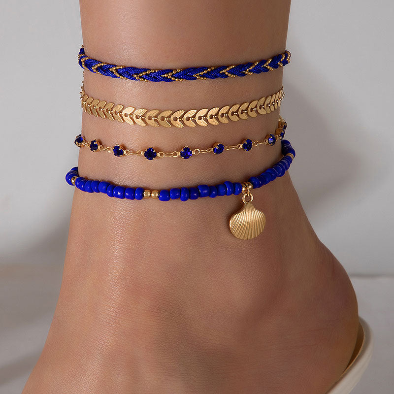 Rice Bead String Woven Rope Shell Four Layer Ankle Chain Summer Fashion Jewelry - Aureate Aura