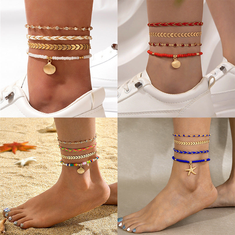 Rice Bead String Woven Rope Shell Four Layer Ankle Chain Summer Fashion Jewelry - Aureate Aura