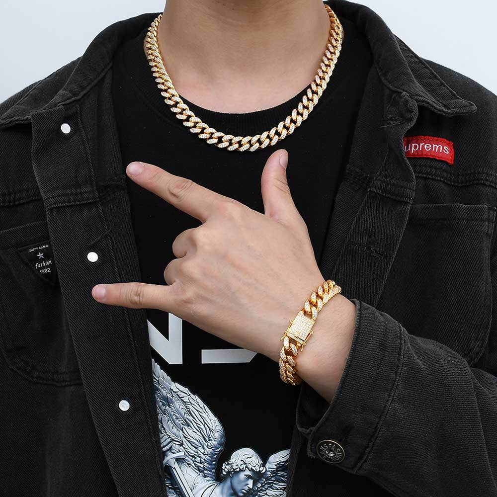 Hip Hop Jewelry 12mm Full Diamond Cuban Chain Real Gold Plating - Aureate Aura