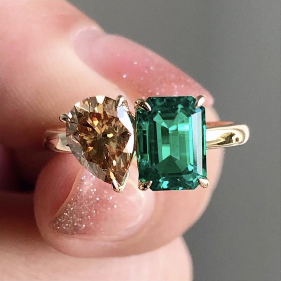 Fashion Jewelry Creative Double Main Stone Lady Green Yellow Zircon Square Stone Ring Female Luxury Crystal Engagement Ring Classic Gold Color Wedding Rings For Women Minimalist Bands - Aureate Aura