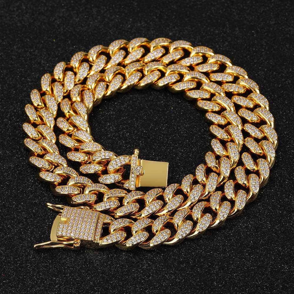 Hip Hop Jewelry 12mm Full Diamond Cuban Chain Real Gold Plating - Aureate Aura