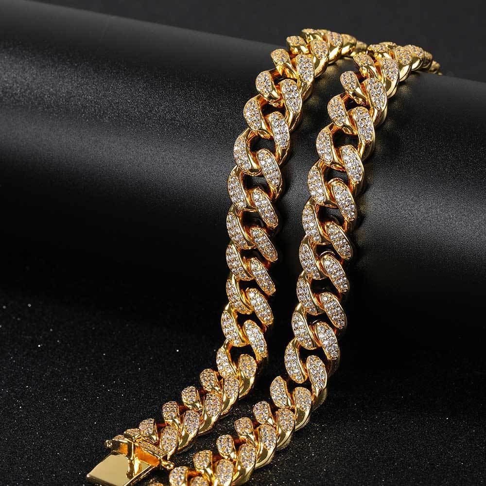 Hip Hop Jewelry 12mm Full Diamond Cuban Chain Real Gold Plating - Aureate Aura