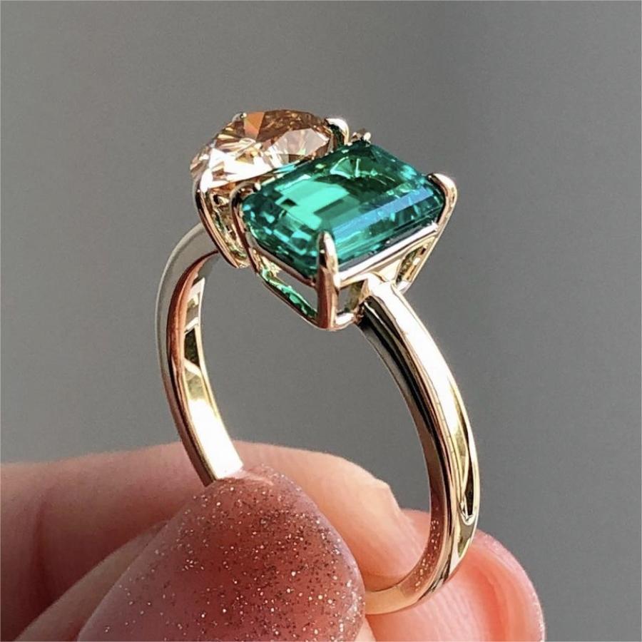 Fashion Jewelry Creative Double Main Stone Lady Green Yellow Zircon Square Stone Ring Female Luxury Crystal Engagement Ring Classic Gold Color Wedding Rings For Women Minimalist Bands - Aureate Aura