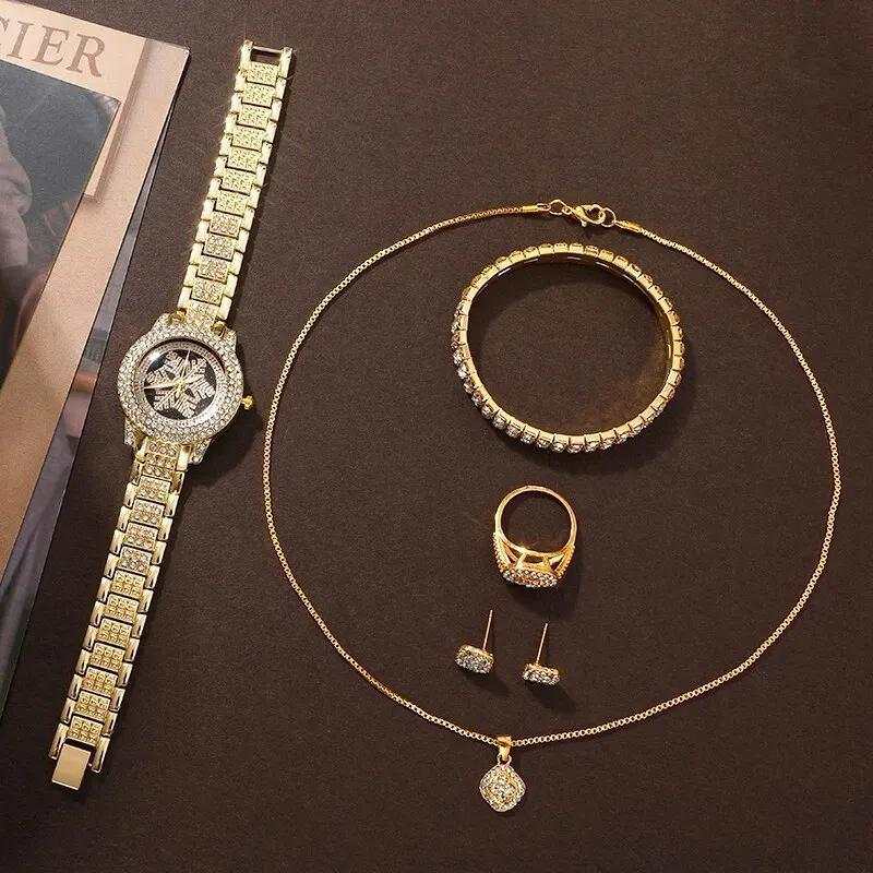 Snowflake Pattern Watch Luxury Full Rhinestone Jewelry Five-piece Set - Aureate Aura